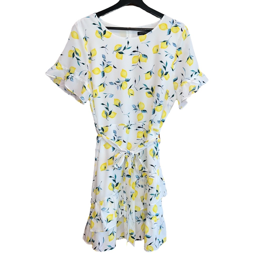 Banana Republic Lemon Print Mini Dress Size 14 White Yellow Ruffle Tie Waist - Picture 2 of 15